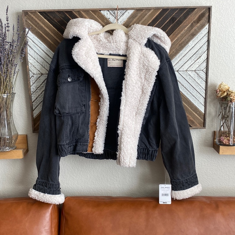 Free people washed black tan and Teddy coat jean jacket - Picture 1 of 9
